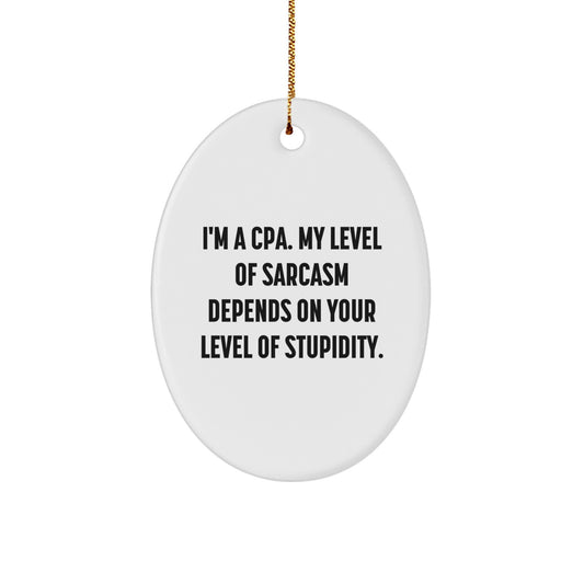 Funny CPA Gifts from Friends, Oval Ornament for Men or Women, Christmas Unique Decorations - 'I'm A Cpa. My Level Of Sarcasm Depends On Your Level Of Stupidity.' - Image 1