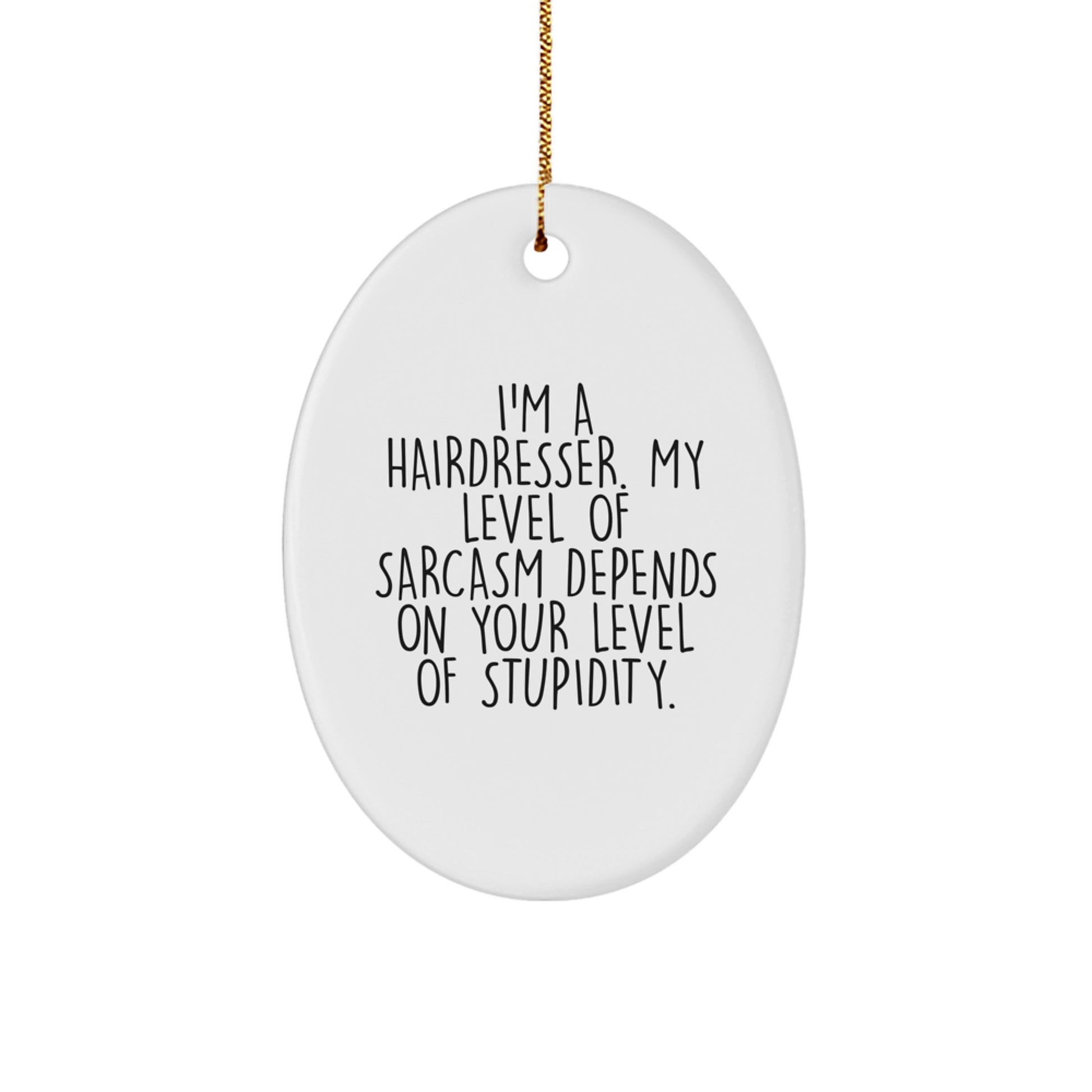 Funny Hairdresser Gifts from Family - Oval Ornament for Hairdresser - 'I'm A Hairdresser. My Level Of Sarcasm Depends On Your Level Of Stupidity.' - Christmas Unique Gifts for Men - Image 1