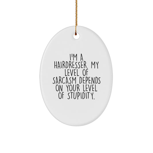 Funny Hairdresser Gifts from Family - Oval Ornament for Hairdresser - 'I'm A Hairdresser. My Level Of Sarcasm Depends On Your Level Of Stupidity.' - Christmas Unique Gifts for Men - Image 1