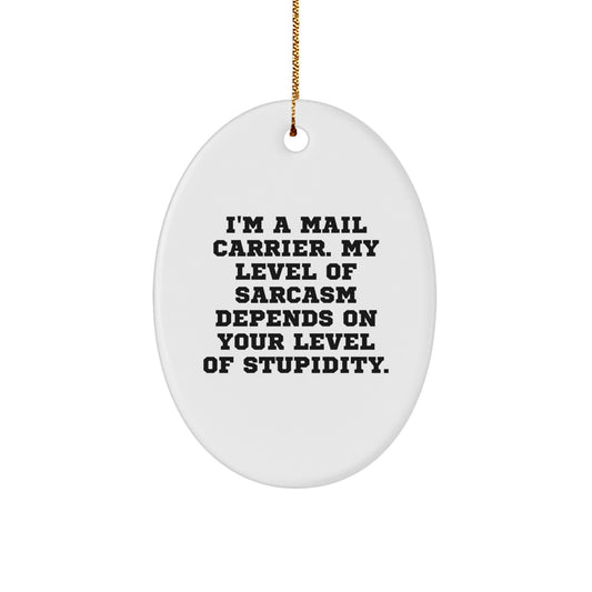 Funny Mail Carrier Gifts from Friends - I'm A Mail Carrier. My Level Of Sarcasm Depends On Your Level Of Stupidity. Oval Ornament for Mail Carrier Christmas Unique Gifts - Image 1