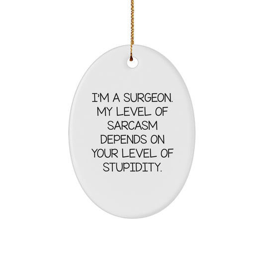 Funny Surgeon Gifts from Family - I'm A Surgeon, My Level Of Sarcasm Depends On Your Level Of Stupidity Christmas Oval Ornament for Surgeon Friends, Men, Women - Image 1
