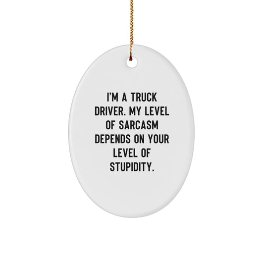 Funny Truck Driver Oval Ornament, Gifts from Friends and Family for Men, 'I'm a Truck Driver. My Level of Sarcasm Depends on Your Level of Stupidity.' - Image 1