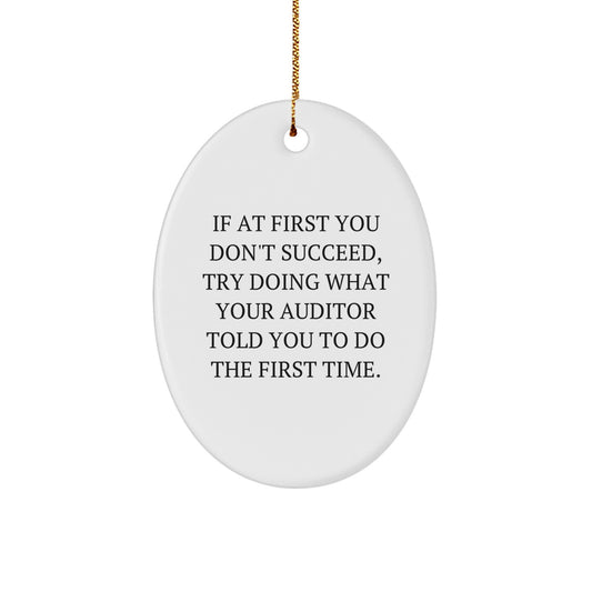 Funny Auditor Gifts Oval Ornament, If At First You Don't Succeed, Try Doing What Your Auditor Told You To Do The First Time. Gifts from Friends to Family during Christmas - Image 1