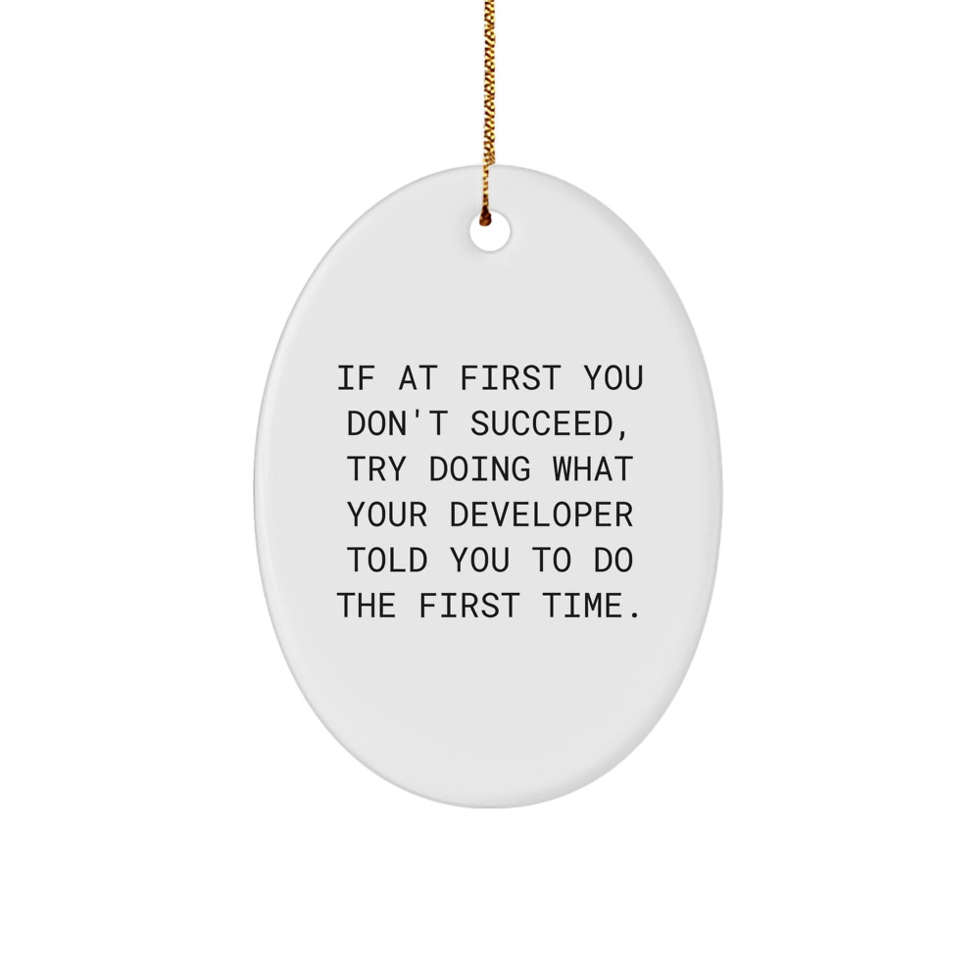 Funny Oval Ornament Gifts from Men to Developer Friends at Christmas - If At First You Don't Succeed, Try Doing What Your Developer Told You To Do The First Time. - Image 1