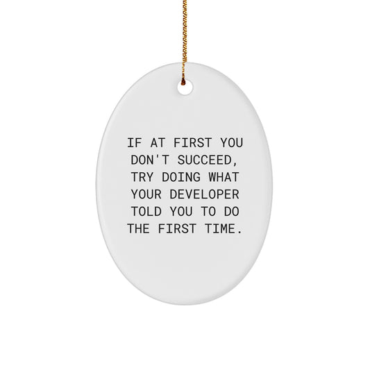 Funny Oval Ornament Gifts from Men to Developer Friends at Christmas - If At First You Don't Succeed, Try Doing What Your Developer Told You To Do The First Time. - Image 1