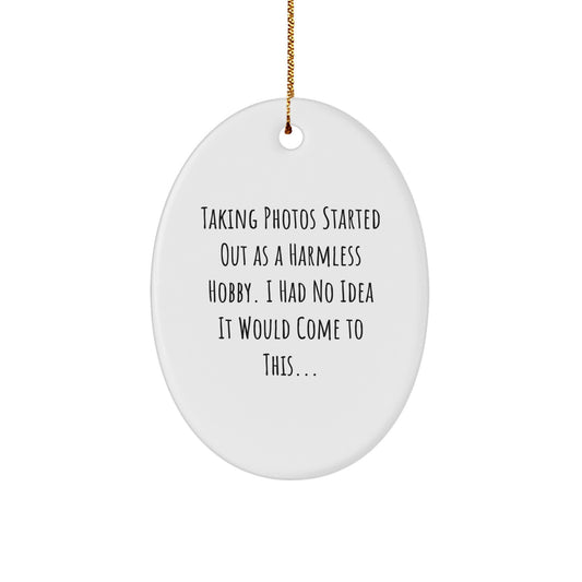 Taking Photos Gifts from Friends to Family - Oval Ornament with Funny Quote 'Taking Photos Started Out As A Harmless Hobby' for Christmas - Image 1
