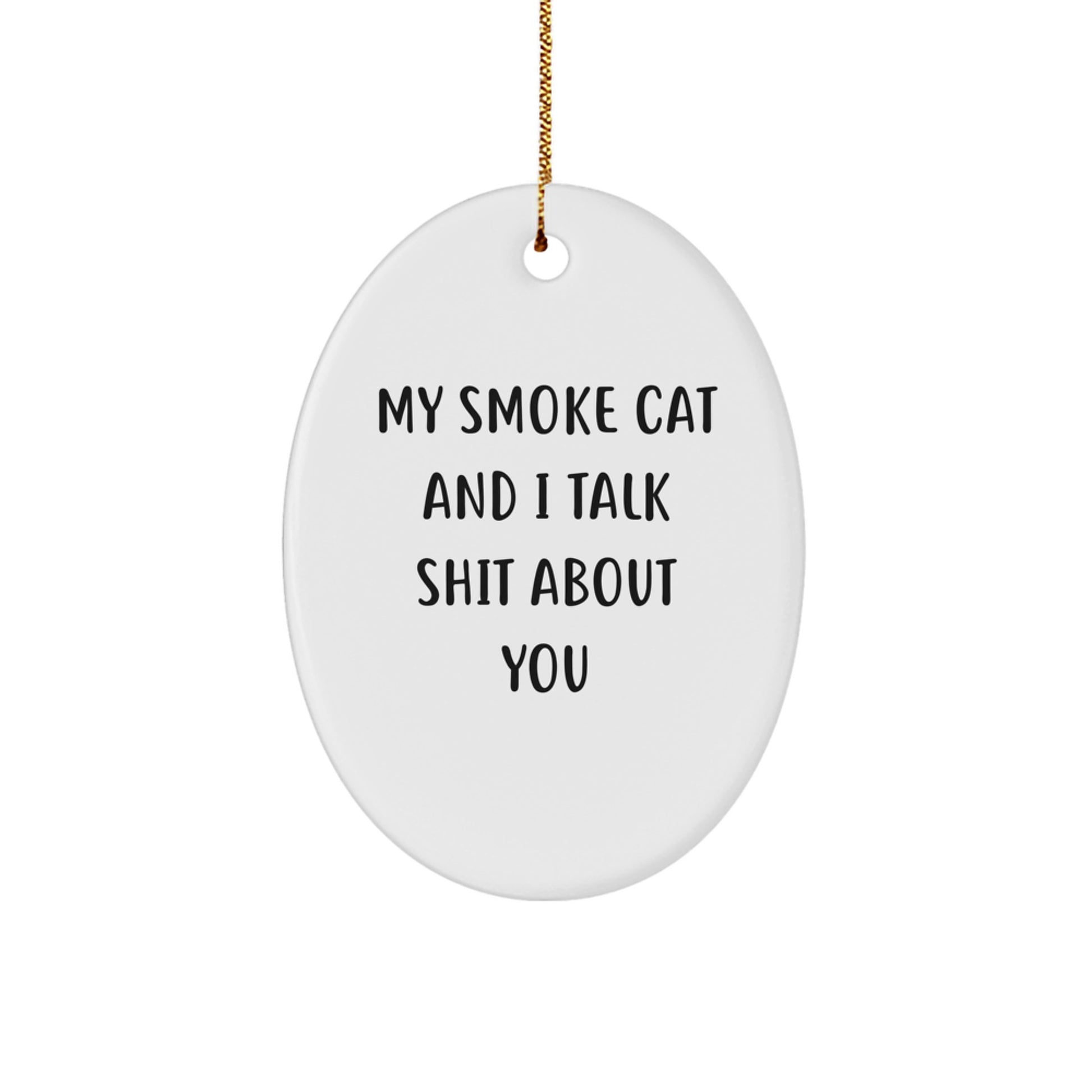 Funny Smoke Cat Oval Ornament Gifts from Friends for Christmas - 'My Smoke Cat And I Talk Shit About You' - Unique White Oval Shaped Decorative Figurine - Image 1