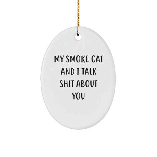 Funny Smoke Cat Oval Ornament Gifts from Friends for Christmas - 'My Smoke Cat And I Talk Shit About You' - Unique White Oval Shaped Decorative Figurine - Image 1