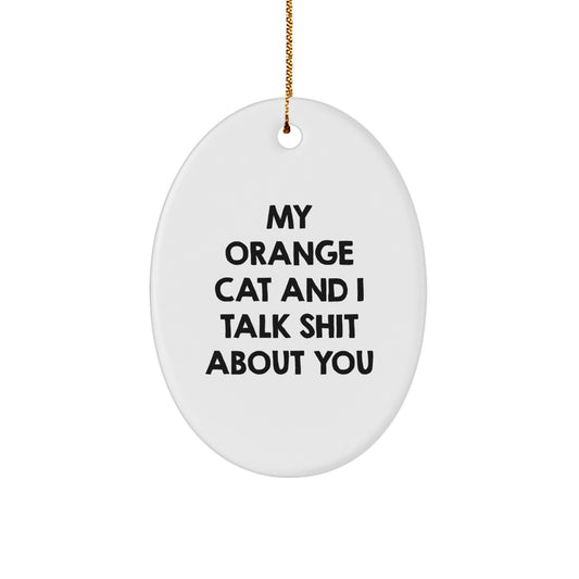 Funny Orange Cat Oval Ornament Gifts from Men to Orange Cat Lovers, Christmas Unique Gifts for Friends, Coworkers, Family - 'My Orange Cat And I Talk Shit About You' - Image 1