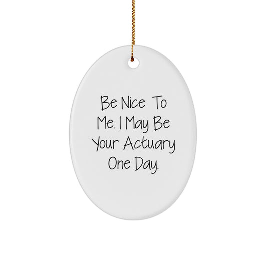 Actuary Gifts, Be Nice To Me. I May Be Your Actuary One Day., Oval Ornament Christmas Decorations, Funny Quote, Gifts from Friends, Gifts for Actuary - Image 1