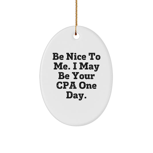 Funny Oval Ornament Gifts from Friends to the Cpa Professional, Be Nice To Me. I May Be Your Cpa One Day. Christmas Unique Gifts - Image 1