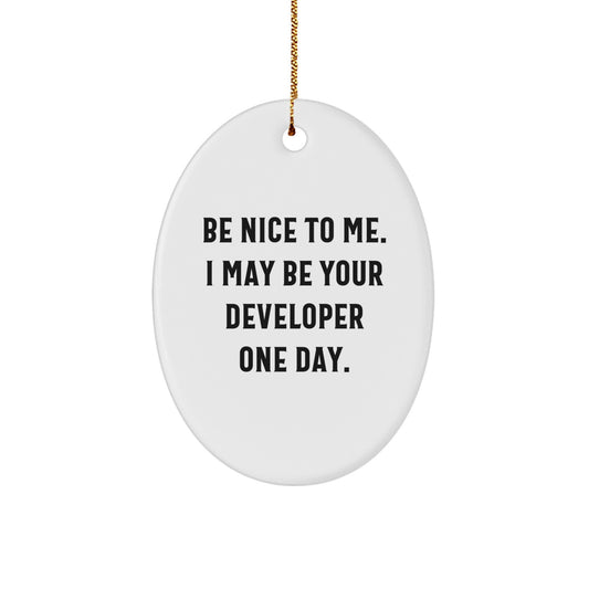 Funny Developer Oval Ornament Gifts from Friends for Christmas, Be Nice To Me. I May Be Your Developer One Day. Christmas Unique Gifts for Developer, Oval Shaped MDF Wooden Gift - Image 1