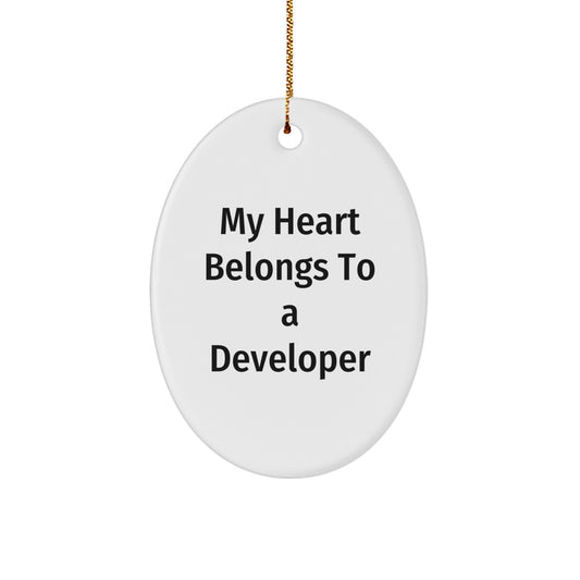 Funny Developer Gifts for My Heart Belongs To A Developer Lover, Oval Ornament, Christmas Unique Presents for Friends and Family - Image 1