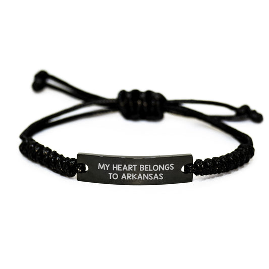 Arkansas Proud Rope Bracelet, 'My Heart Belongs To Arkansas' Quote, Birthday Unique Gifts for Her from Friends, Adjustable Black Stainless Steel Rope Gift for Women - Image 1