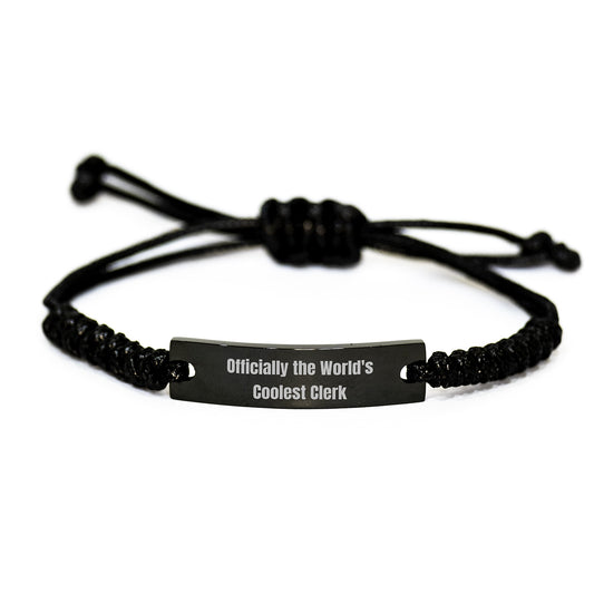 Funny Clerk Gifts from Friends for Graduation Unique Rope Braceltes, Officially The World's Coolest Clerk Quote, Black Stainless Steel with Interlaced Rope, Adjustable 3.34-9.84 inches, Organza Bag - Image 1
