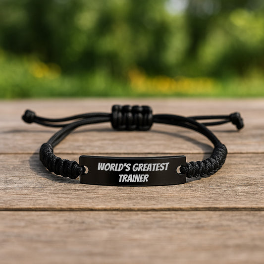 World's Greatest Trainer Rope Bracelet, Funny Birthday Unique Gift for Trainer Friends from Coworkers, Adjustable 3.34-9.84 inches, Black Stainless Steel with Interlaced Rope - Image 1