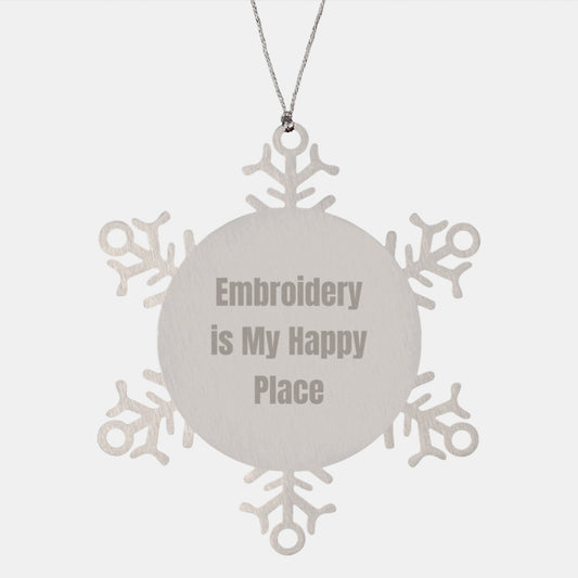 Embroidery Lover Gifts from Women to Friends with Unique Snowflake Ornament, Funny Quote 'Embroidery Is My Happy Place' for Christmas Unique Gifts - Image 1
