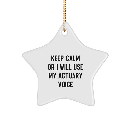 Funny Actuary Gifts for Men, White Star Ornament Christmas Unique Presents from Friends to Actuaries, 'Keep Calm Or I Will Use My Actuary Voice' - Image 1