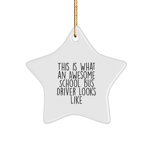 Funny School Bus Driver Christmas Unique Gifts from Friends for School Bus Driver Star Ornament, This Is What An Awesome School Bus Driver Looks Like Decorative Star Shaped MDF Ornament - Image 1