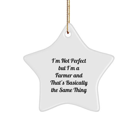 Funny Farmer Gifts from Men to Friends for Christmas - 'I'm Not Perfect' Star Ornament, White Color, Star Shaped, Durable MDF - Image 1