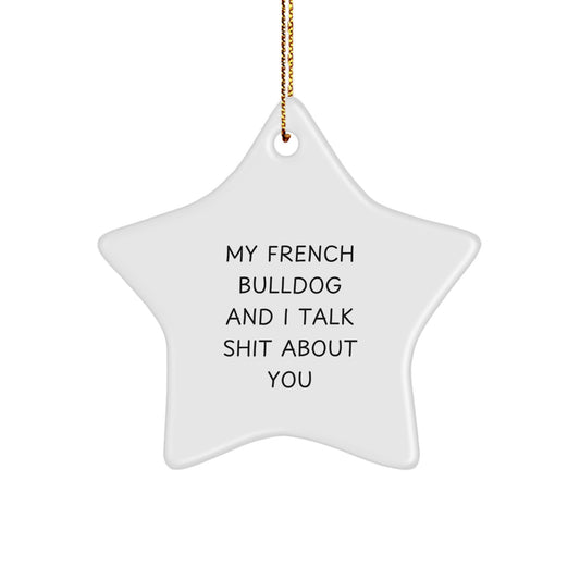 Funny French Bulldog Gifts from Men, White Star Ornament with My French Bulldog And I Talk Shit About You Quote, Perfect for French Bulldog Lover Friends at Christmas - Image 1