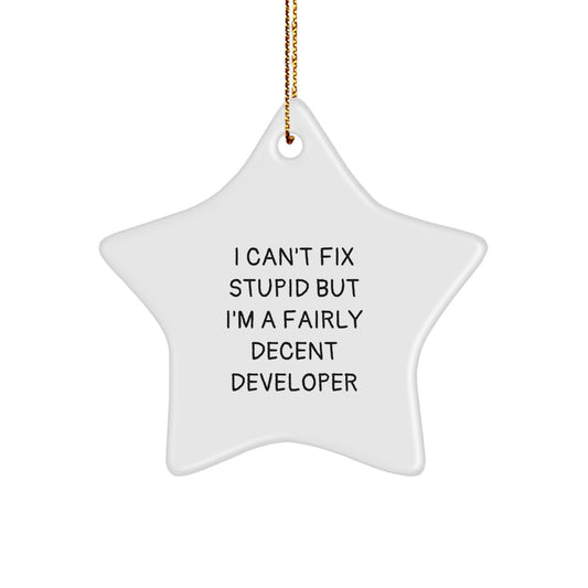 Funny Developer Gifts for Men, Women, Coworkers, Friends - 'I Can't Fix Stupid But I'm A Fairly Decent Developer' Star Ornament, Christmas Unique Gifts from Friends - Image 1