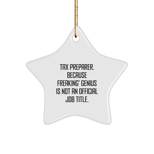 Funny Tax Preparer Gifts for Men from Friends - Star Ornament with 'Tax Preparer. Because Freaking' genius Is Not An Official Job Title.' Quote, White Star Shaped, Christmas Decorations - Image 1