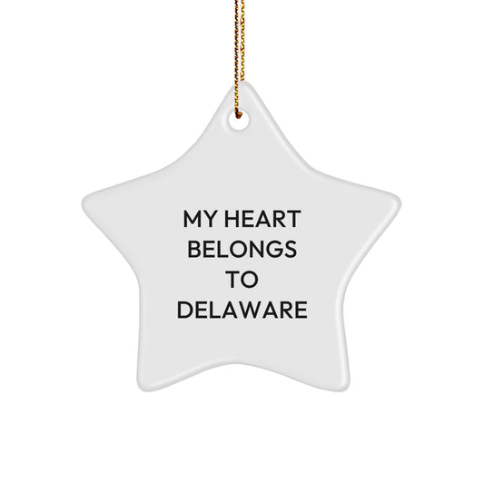 Delaware Star Ornament, Gifts from Men to Women, Friends, or Family, 'My Heart Belongs To Delaware', White Star Shaped, Perfect for Christmas - Image 1