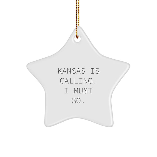 Kansas Star Ornament Gifts from Men to Friends for Christmas with Quote 'Kansas Is Calling. I Must Go.' - Image 1