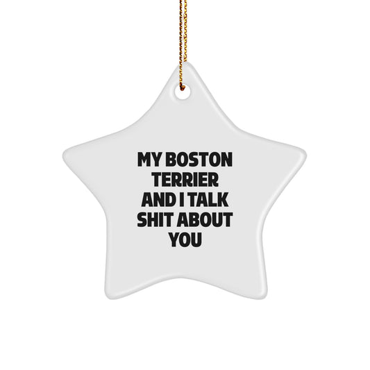 Funny Boston Terrier Dog Lover Gifts from Friends for Christmas Star Ornament My 'Boston Terrier And I Talk Shit About You' Quote - Image 1