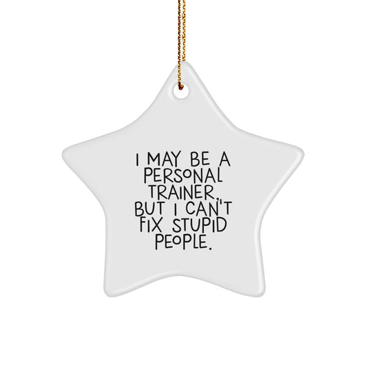 Funny Personal Trainer Star Ornament Gifts from Friends for Men - 'I May Be A Personal Trainer, But I Can't Fix Stupid People.', Star Shaped, White, Christmas Unique Gifts - Image 1