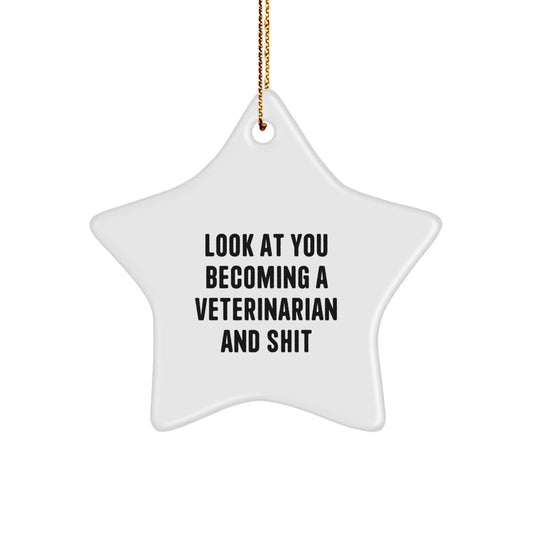 Veterinarian Star Ornament, Funny Quote Gifts from Family to Friends, Unique Christmas Decorations for Vet Lovers, Star Shaped Ornament with Gold Cord - Image 1
