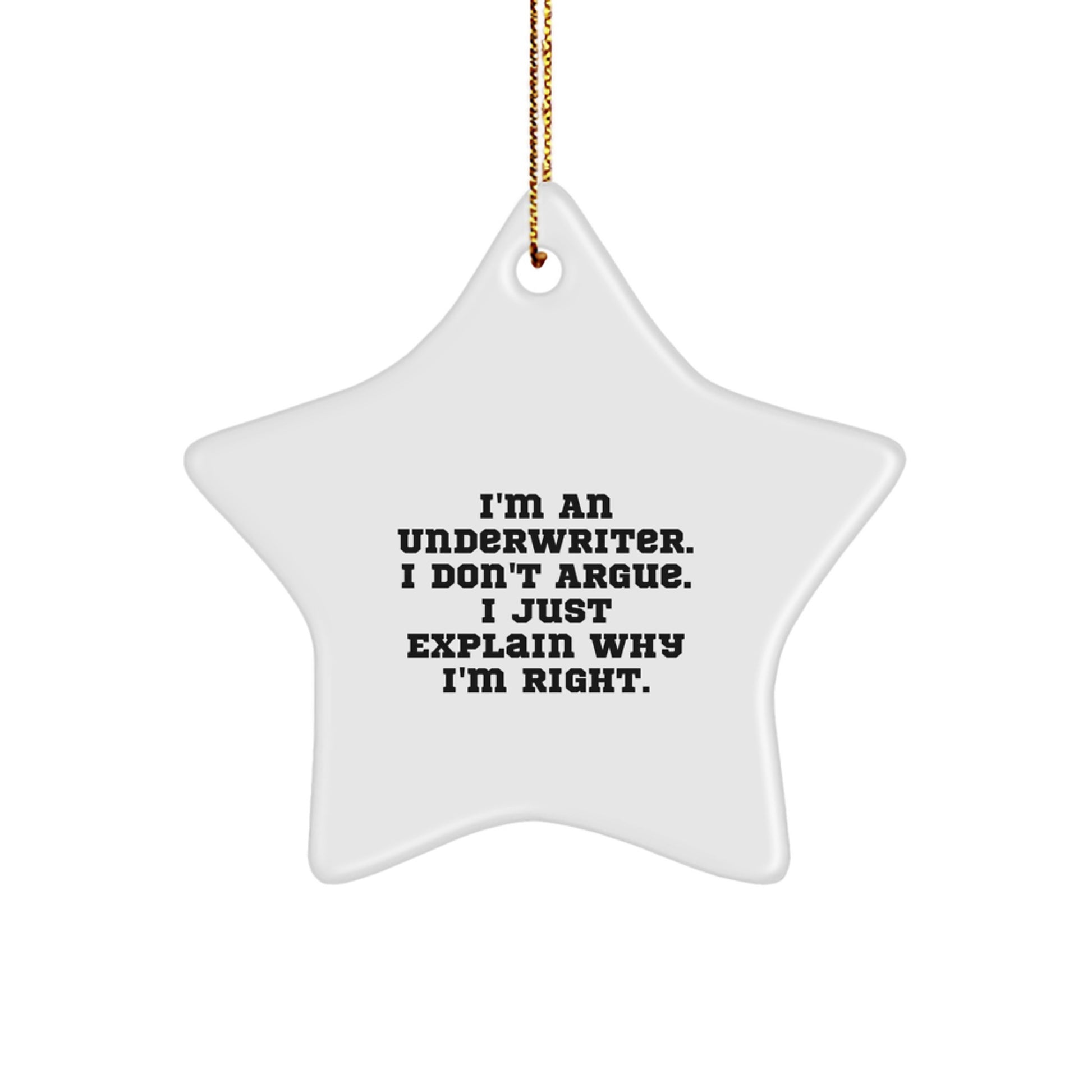 Funny Underwriter Gifts for Christmas Star Ornament, Gifts from Men, Women, Friends, Coworkers to Underwriter, 'I'm An Underwriter. I Don't Argue. I Just Explain Why I'm Right.' - Image 1