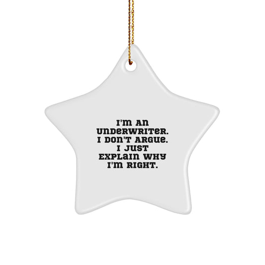 Funny Underwriter Gifts for Christmas Star Ornament, Gifts from Men, Women, Friends, Coworkers to Underwriter, 'I'm An Underwriter. I Don't Argue. I Just Explain Why I'm Right.' - Image 1
