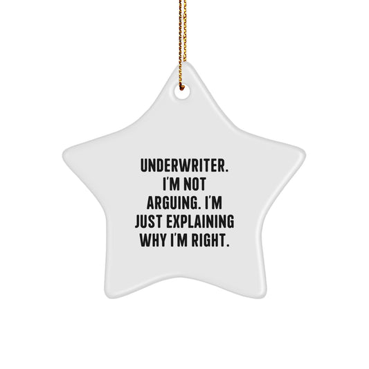 Funny Underwriter Star Ornament Gifts from Coworkers, Christmas Unique Gifts for Friends, Inspirational Decorative Star Shaped White Underwriter Ornament - Image 1