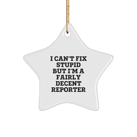 Funny Reporter Gifts I Can't Fix Stupid But I'm A Fairly Decent Reporter Star Ornament, Gifts from Men to Reporter, Christmas Unique Gifts for Reporter - Image 1