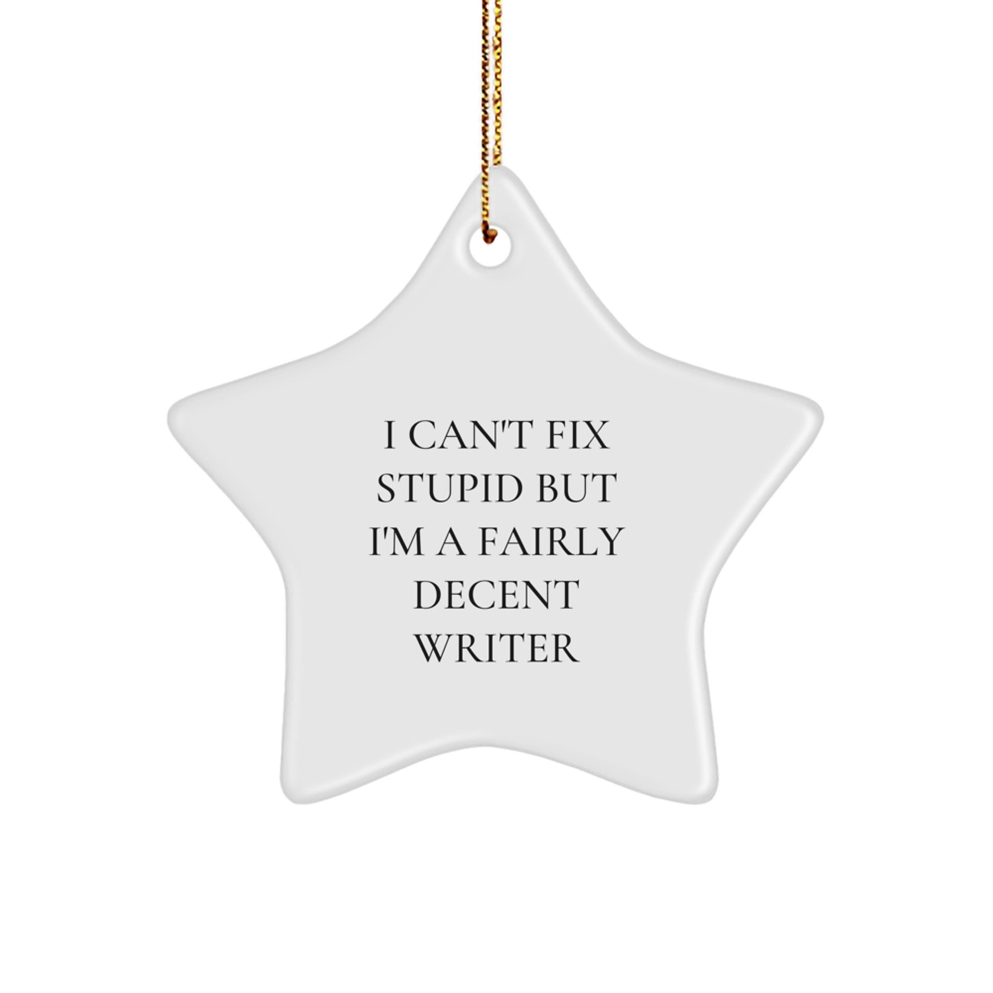 Funny Writer Gifts from Men for Writer Friends - I Can't Fix Stupid But I'm A Fairly Decent Star Ornament, Christmas Unique Presents - Image 1