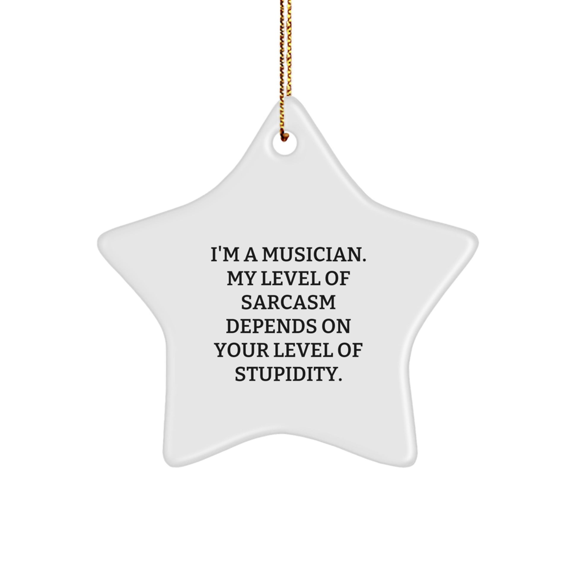 Funny Musician Gifts from Friends for Christmas, 'I'm A Musician. My Level Of Sarcasm Depends On Your Level Of Stupidity.' Star Ornament - Image 1