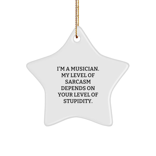 Funny Musician Gifts from Friends for Christmas, 'I'm A Musician. My Level Of Sarcasm Depends On Your Level Of Stupidity.' Star Ornament - Image 1