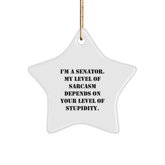 Senator Gifts, Funny Quote Star Ornament, Gifts from Friends, For Christmas, Senator Star Ornament, I'm A Senator. My Level Of Sarcasm Depends On Your Level Of Stupidity. - Image 1