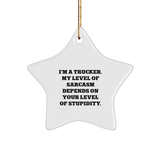 Funny Trucker Gifts from Friends, Christmas Unique Gifts with Star Ornament, Trucker Quote 'I'm A Trucker. My Level Of Sarcasm Depends On Your Level Of Stupidity.' - Image 1