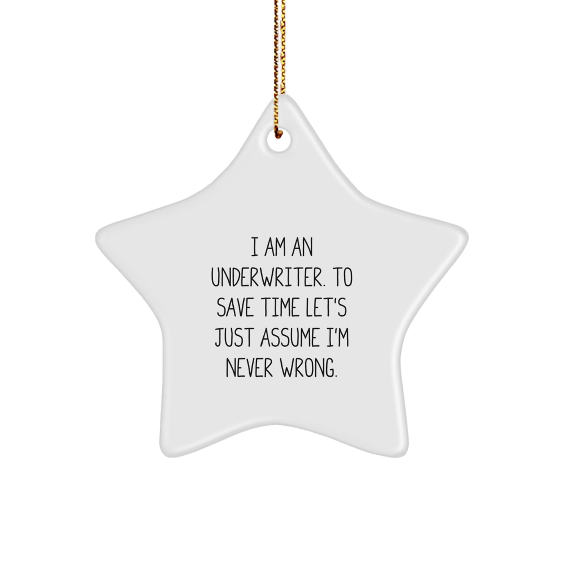 Funny Quote Star Ornament Gifts for Underwriter Friends - Gifts from Men - Unique Christmas Decorations - 'I Am An Underwriter To Save Time Let's Just Assume I'm Never Wrong' Star Ornament - Image 1