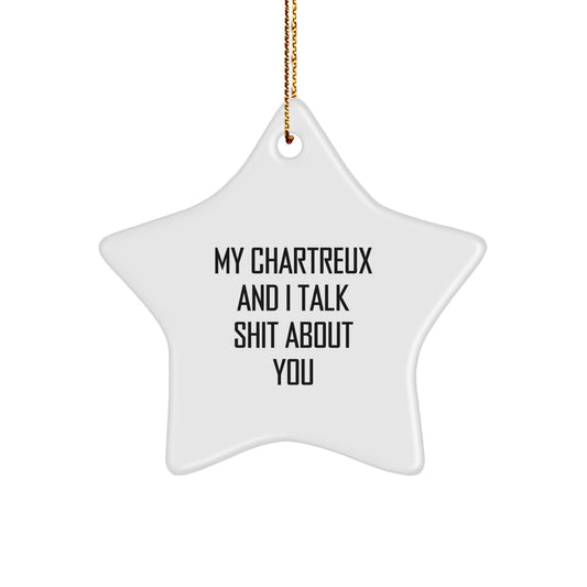 Funny Chartreux Cat Gifts from Men to Friends for Christmas Unique Star Ornament with 'My Chartreux And I Talk Shit About You' Quote, White Star Shaped Decoration - Image 1