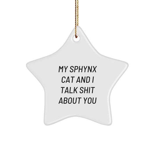 Unique Gifts from Sphynx Cat Lovers, Funny Star Ornament for Christmas, 'Talk Shit About You' Quote, Perfect for Cat Enthusiasts, Friends, Family, Coworkers, Men, Women - Image 1