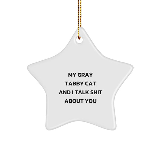 Funny Gray Tabby Cat Star Ornament Gifts from Men to Family with My Gray Tabby Cat And I Talk Shit About You Quote, for Gray Tabby Cat Lovers at Christmas - Image 1