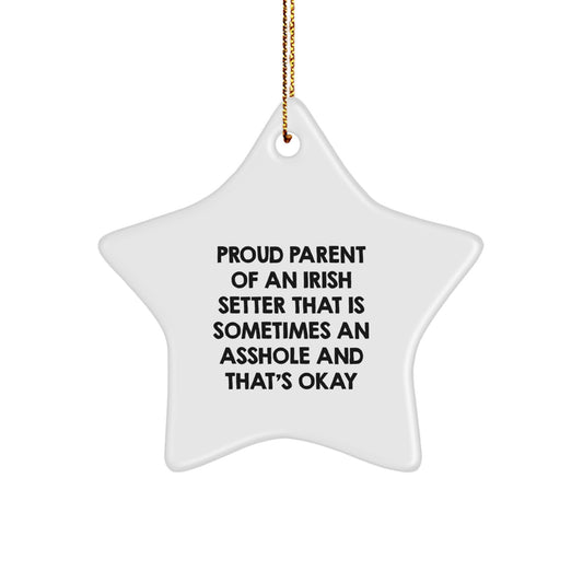 Irish Setter Dog Mom Funny Gifts from Friends for Christmas Unique Star Ornament, Proud Parent Quote, White Color, Durable MDF, High-Gloss Finish - Image 1