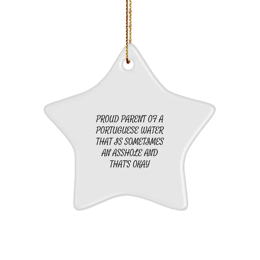 Funny Portuguese Water Dog Gifts for Family, Friends, or Coworkers - Star Ornament, Proud Parent Quote, White, 3.25" Tall, Christmas Unique Gifts - Image 1