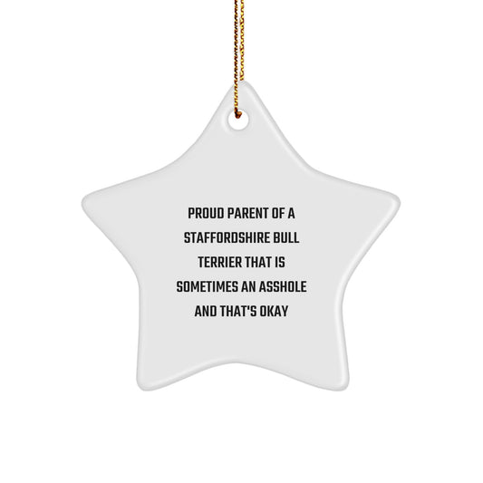 Staffordshire Bull Terrier Dog Star Ornament Funny Gift from Proud Parents to Their Men, Funny Christmas Unique Gifts for Staffordshire Bull Terrier Dog Lovers, Star Shaped White Ornament - Image 1